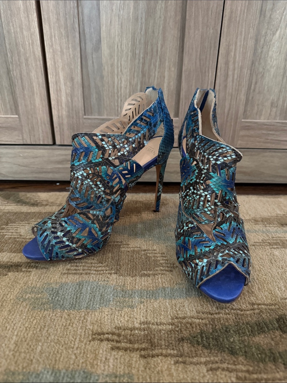 Alexandre Birman Blue Teal Multicolor Laser-Cut Peep-Toe Heels